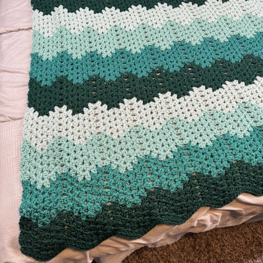 Handmade Turquoise Green Ombre Chevron Crochet Blanket 46